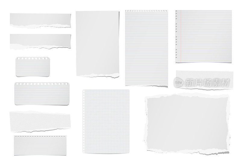 白色背景上的撕成条状和空白的便条、笔记本、纸条、特克斯纸或留言。