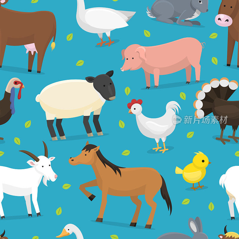 农场载体动物家畜人物牛，鸡，猪，火鸡，查克，马和羊农家动物设置插画农场无缝模式背景
