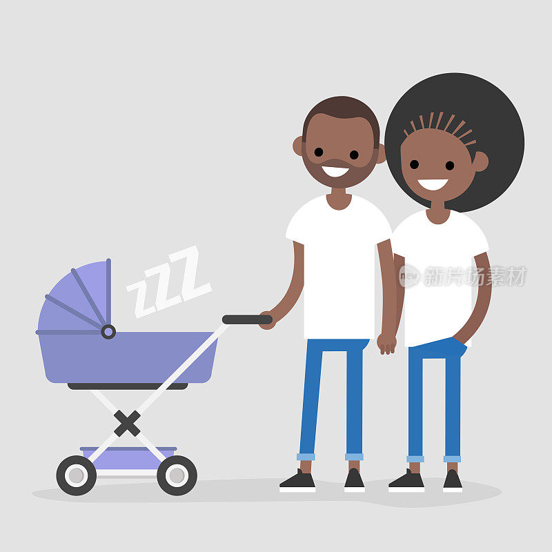 年轻的一家人推着婴儿车走路。母亲和父亲。一对黑人夫妇带着一个孩子。平面可编辑矢量插图，剪辑艺术