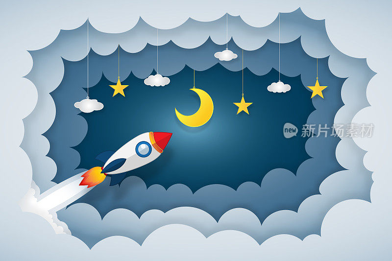 折纸层云景的火箭发射飞行，半月，云和星星在夜晚作为纸艺术和工艺的风格概念。矢量插画家。