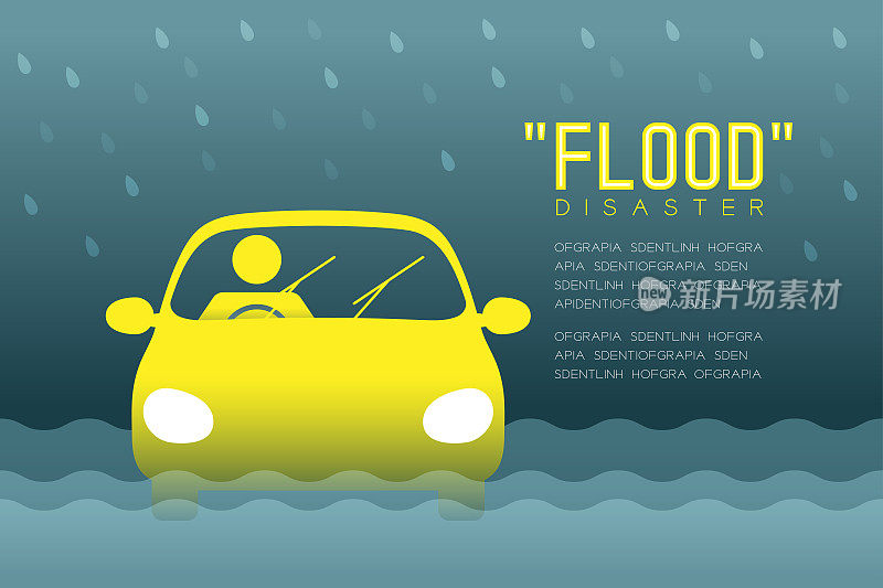 洪涝灾害的人图标象形图与汽车设计信息图插图孤立在暗梯度背景上，与洪涝灾害文字和复制空间
