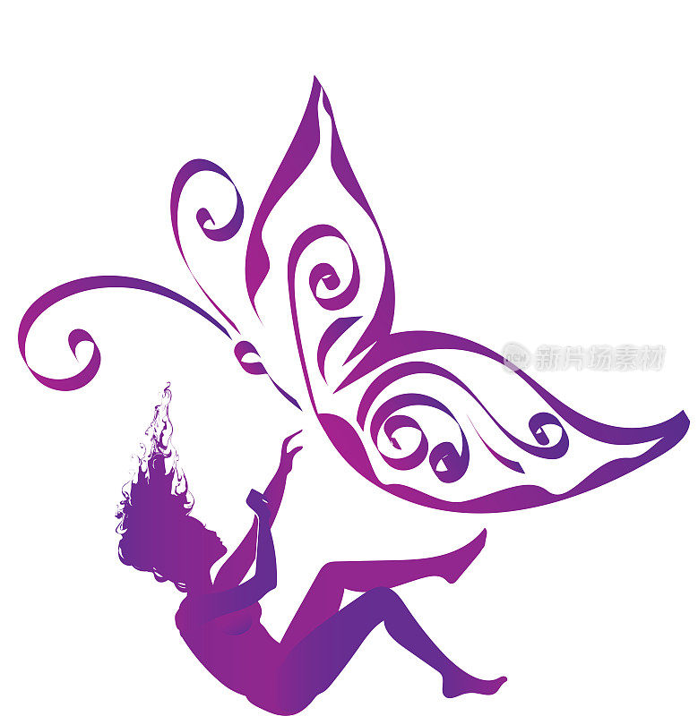 紫色的剪影，一个女人的紫色蝴蝶翅膀-象征纤维肌痛，慢性疼痛和慢性疲劳综合症，破碎的梦想