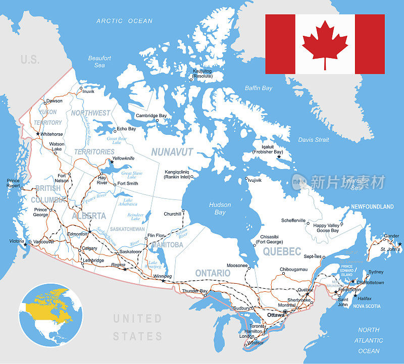 加拿大地图，旗帜，道路-插图