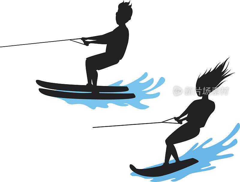 男人和女人骑滑水和滑水板剪影孤立矢量插图