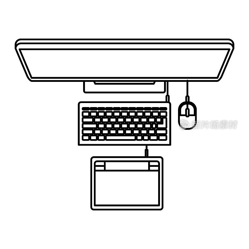 台式电脑和数字化平板电脑连接上俯视图在黑色轮廓
