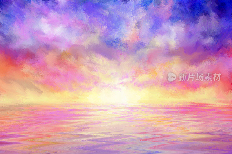 色彩斑斓的水上夕阳，印象派绘画