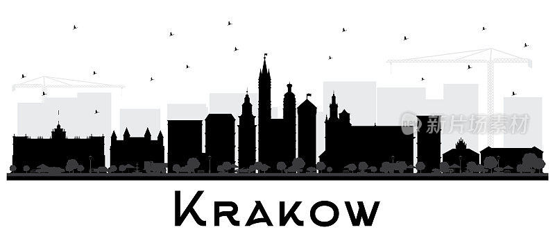 波兰克拉科夫城市天际线剪影与黑色建筑孤立在白色。