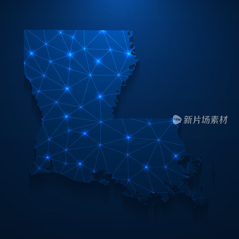 路易斯安那州地图网络-明亮的网格在深蓝色的背景