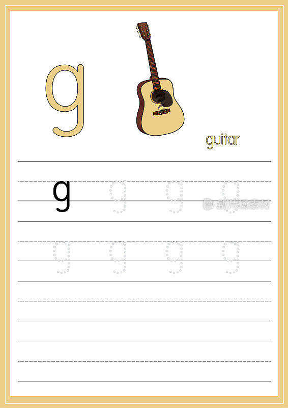 矢量插图的原声吉他孤立在一个白色的背景。以小写字母G作为教学媒体，供儿童识别英文字母或供儿童学习书写字母使用。