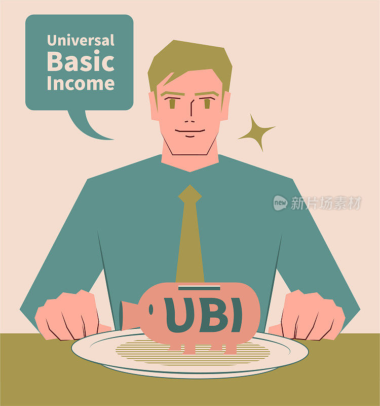 面带微笑的英俊商人坐在桌旁，盘子上有全民基本收入(UBI)标志的储蓄罐