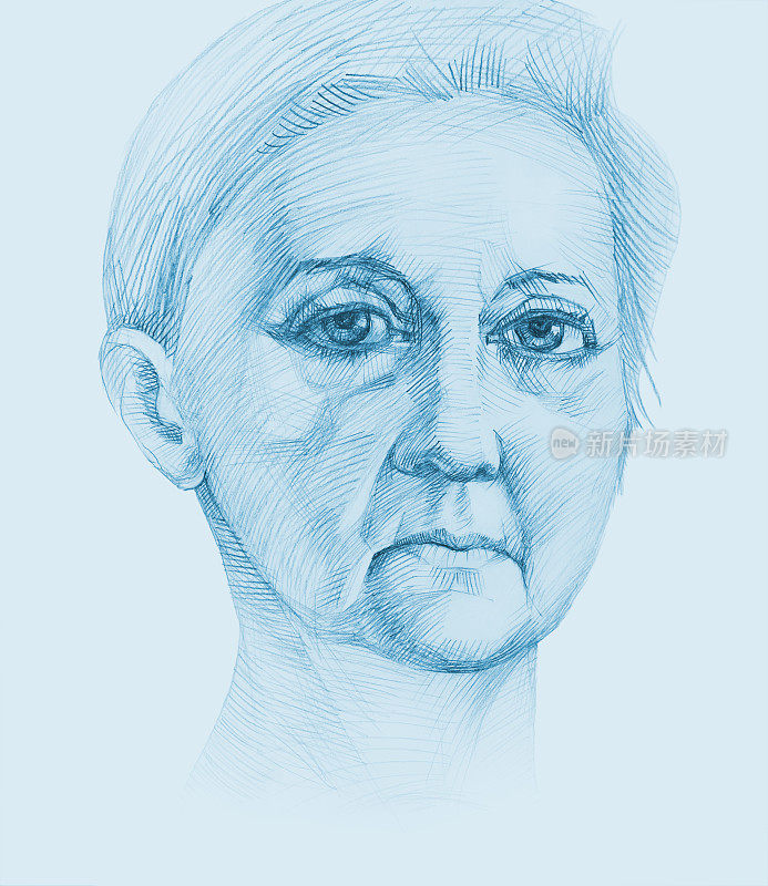 插图肖像脸在白纸上看老妇人的背景老年寓言艺术作品蓝色铅笔画印象派原始象征