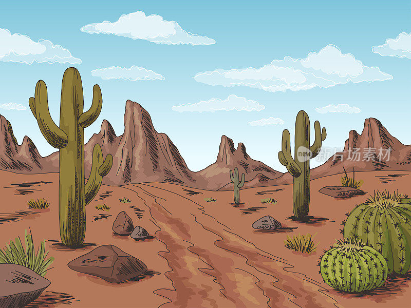 草原道路图形颜色沙漠景观素描插图向量