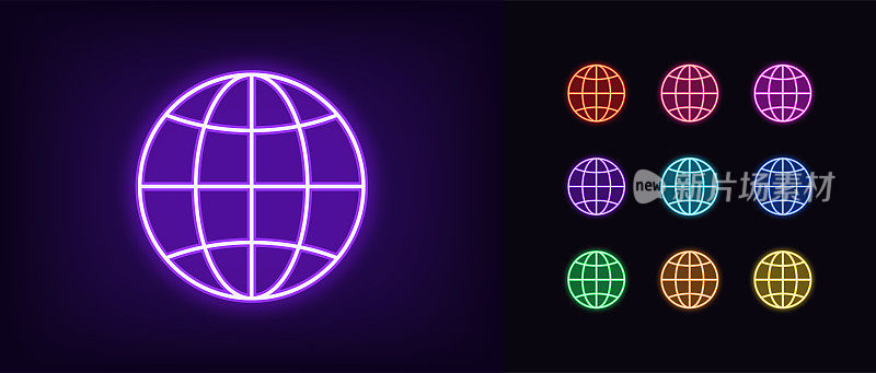 霓虹灯全球偶像。发光的霓虹灯世界标志，全球互联网