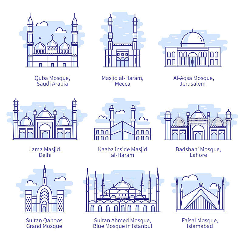 世界著名的清真寺。清真寺内的克尔白，位于伊斯兰堡的费萨尔清真寺内的伊斯兰宗教圣地细线圣像设置。穆斯林地标建筑线性矢量插图
