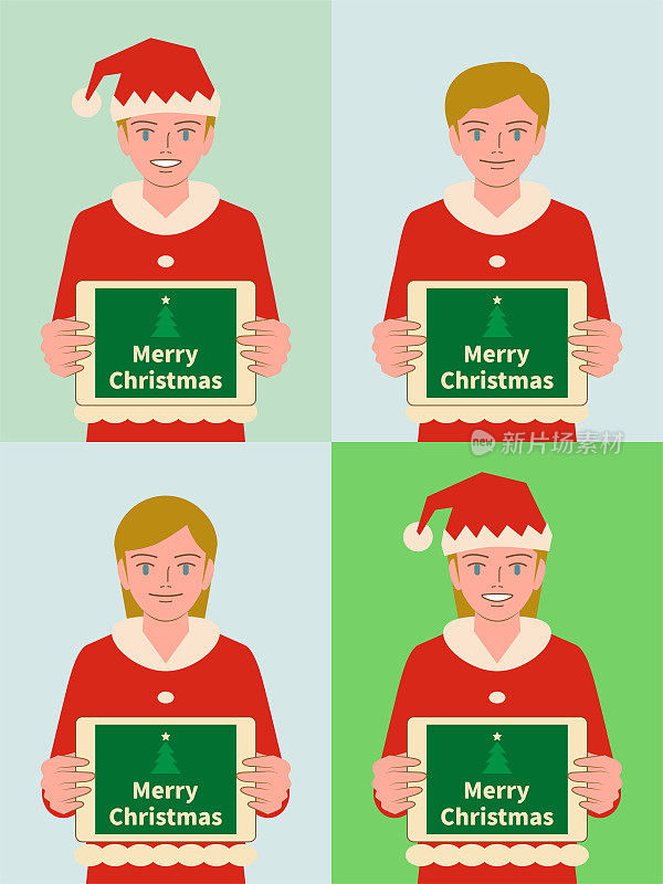 美丽的孩子们(男孩和女孩)穿着圣诞老人的衣服，微笑着拿着显示圣诞祝福的数字平板电脑屏幕