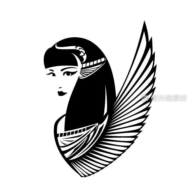 古埃及有翼女神黑白矢量肖像