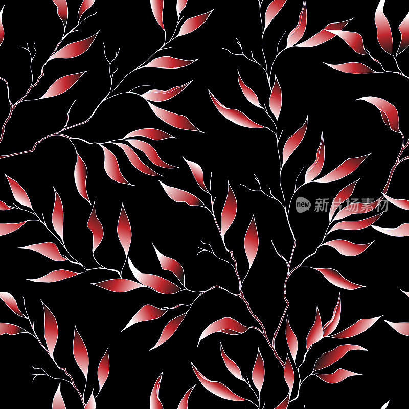 红叶在黑色的背景下，无缝的豪华图案。矢量贵族插图织物，天鹅绒，丝绸，床上亚麻布。