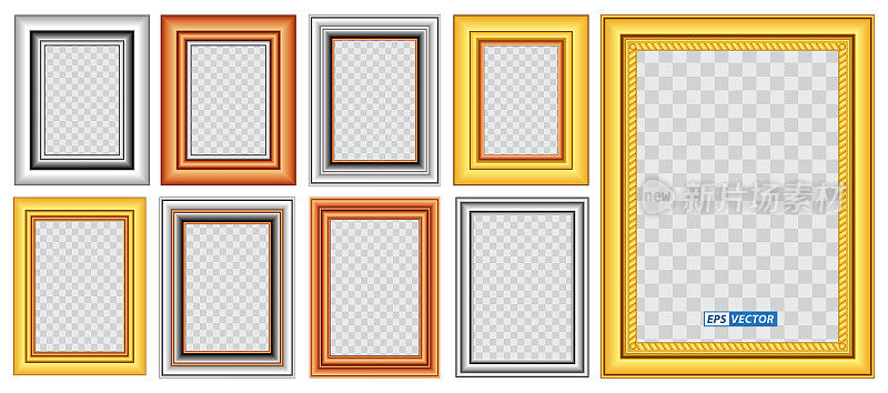 集现实金框架模板孤立或金木框复古风格或复古金相框模拟。每股收益向量
