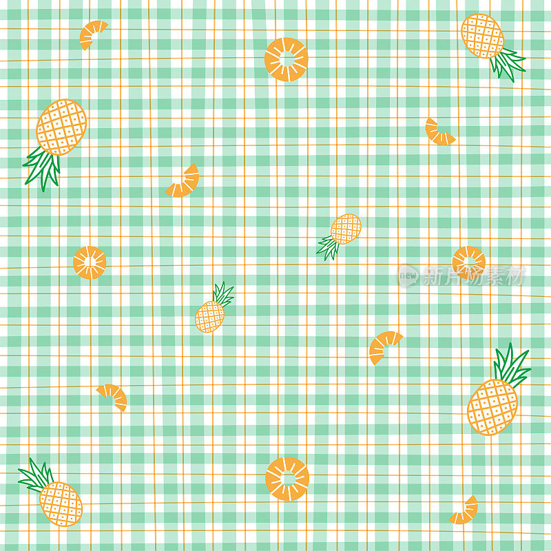 轮廓菠萝切片绿色格子图案背景可编辑Stroke。采购产品卡通向量插图台布，野餐垫，织物图案，纺织品，瓷砖，围巾包装纸。