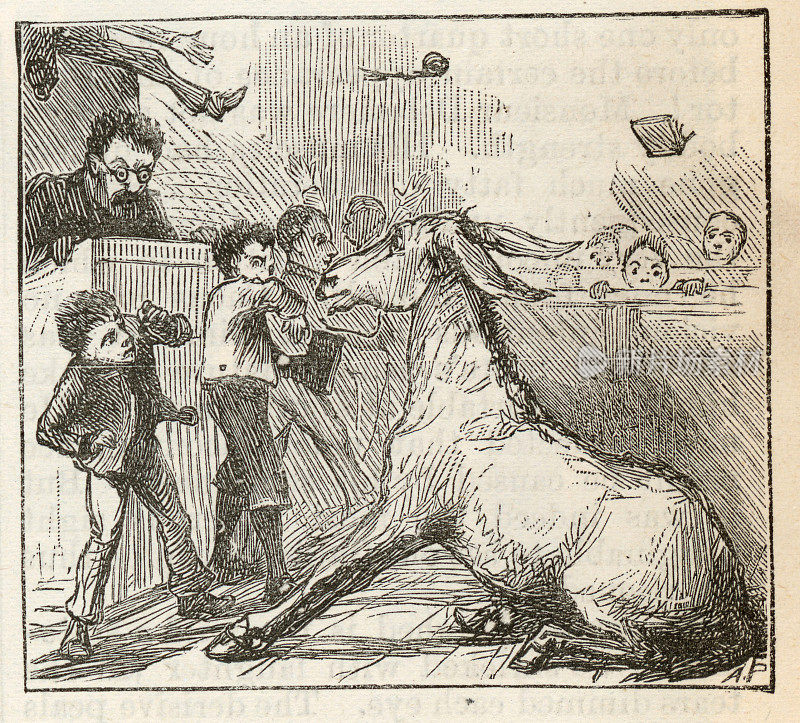 教室里一片混乱，驴子散漫，维多利亚时代的插图