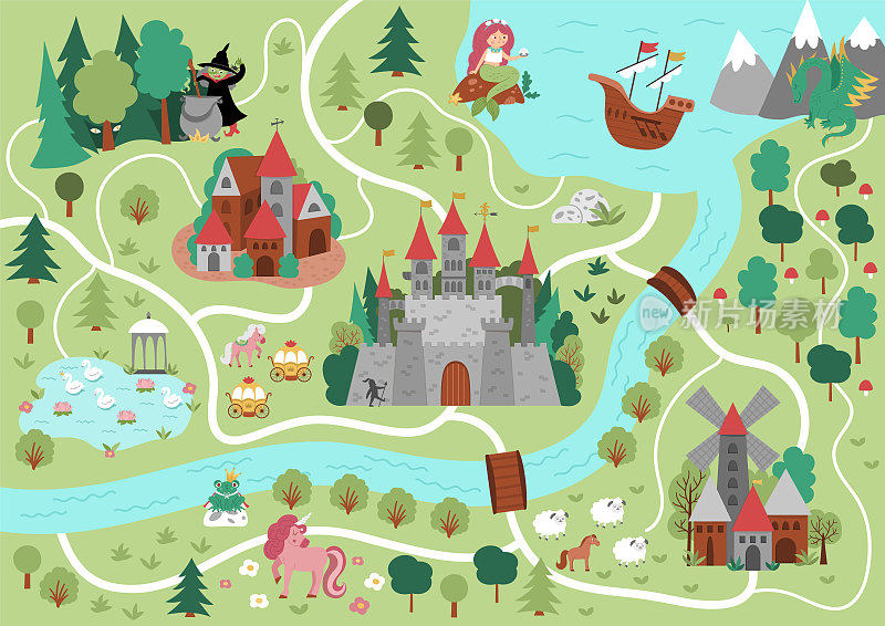 童话王国地图。中世纪的村庄的背景。矢量童话城堡信息图形元素有海、山、林、船。独角兽，女巫，美人鱼，龙，青蛙王子的梦幻小镇计划