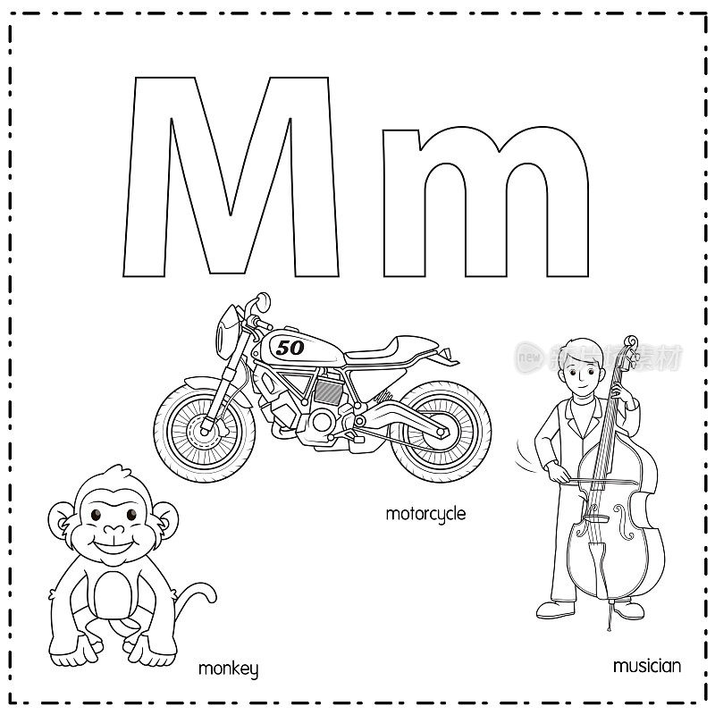 向量插图学习字母M的小写和大写的儿童与3卡通图像。猴子摩托车的音乐家。