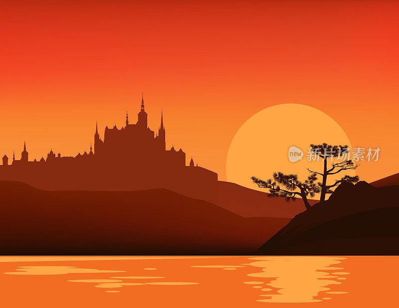 向量日落场景背景与童话城堡，湖边和松树