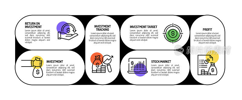 投资相关流程信息图表模板。过程时间图。带有线性图标的工作流布局