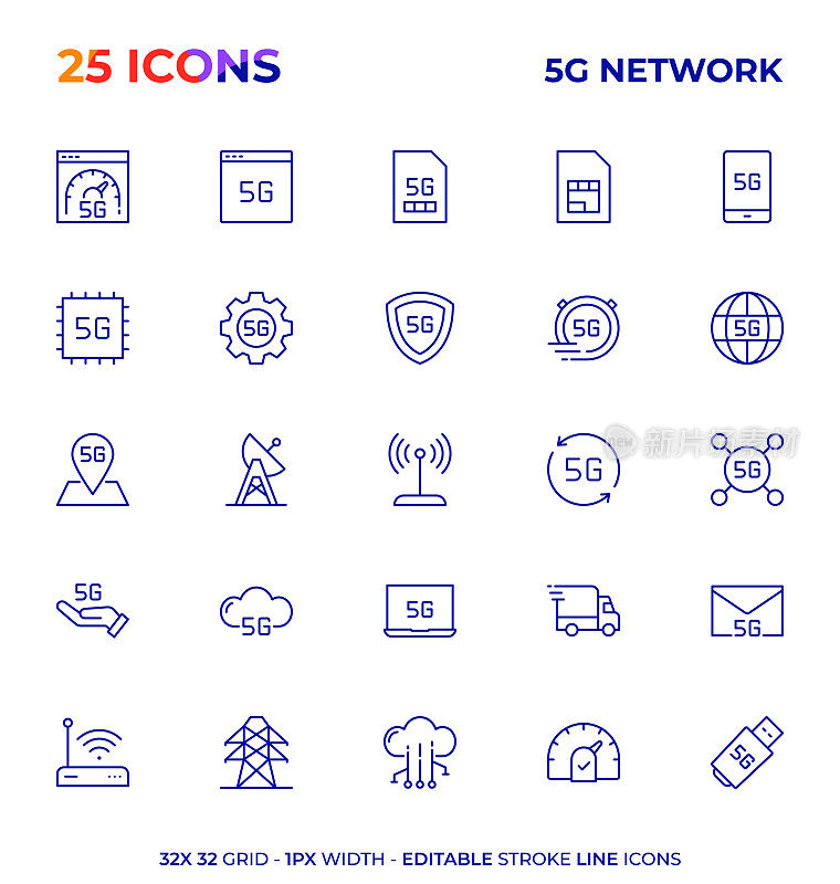5G网络技术可编辑笔画图标系列