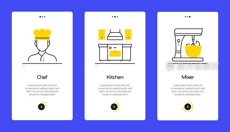 在移动应用页面上使用扁平图标的烹饪概念。用户体验，UI设计模板矢量插图