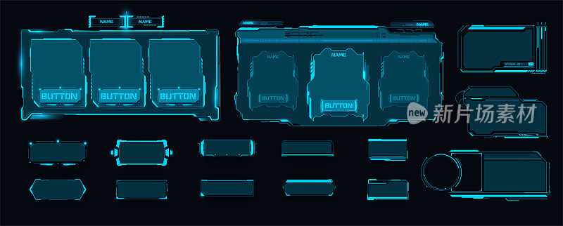 数字帧、按钮模板。科幻HUD未来设计的游戏GUI元素与正方形框架。蓝色脚注为商店和每日奖励。孤立在黑色背景上
