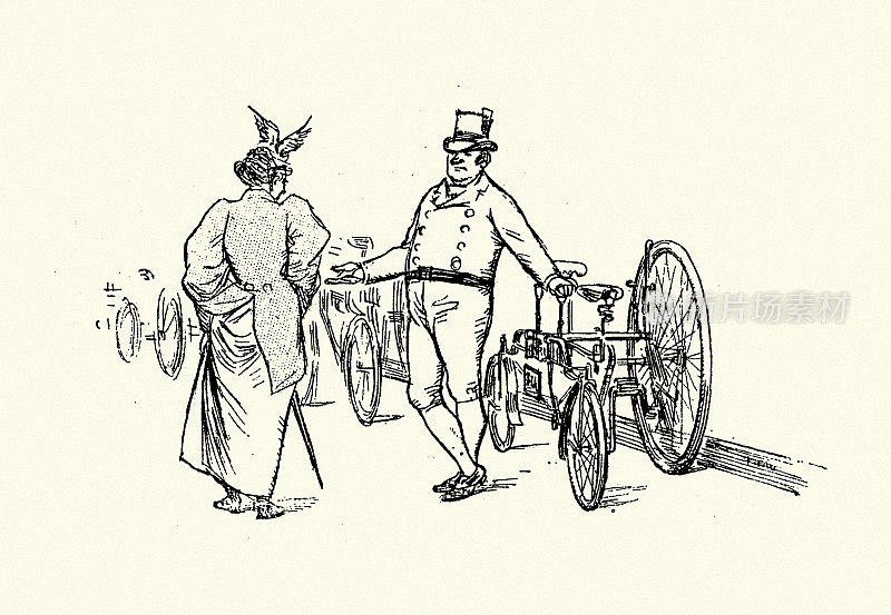 维多利亚时代的自行车出租，人力车，三轮车，司机和乘客，1890年代，法国19世纪