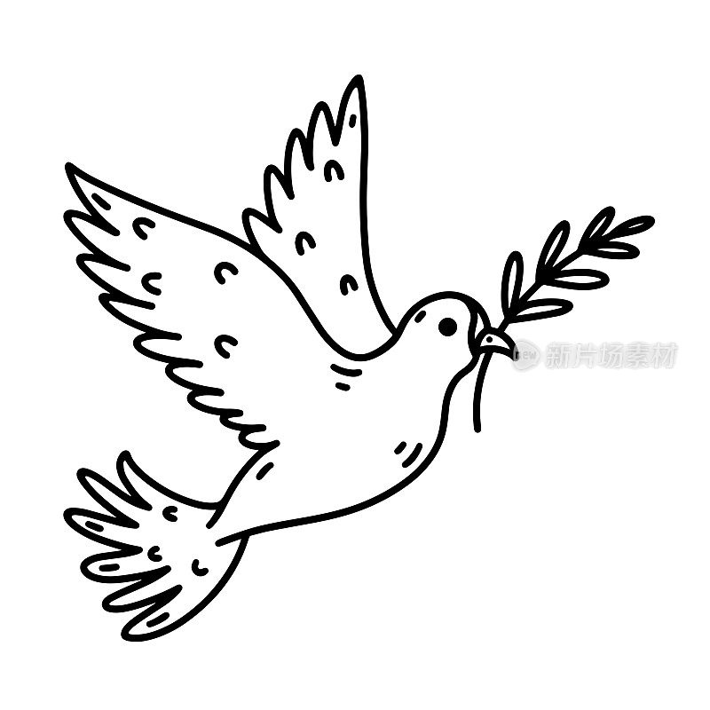 和平鸽矢量图标。手绘插图孤立在白色背景上。美丽的飞鸟嘴里衔着橄榄枝。象征着希望、信念和爱。鸟巢素描，宗教符号