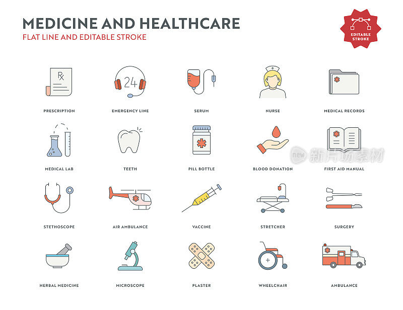 医学和医疗保健平线图标设置与可编辑的中风