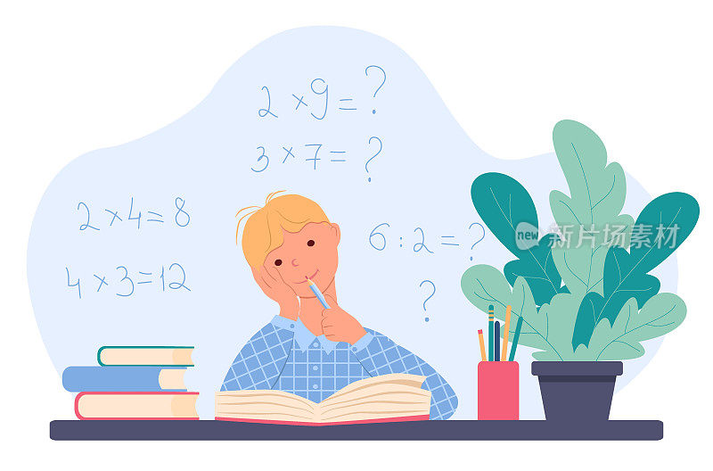 小男孩坐在一张桌子上看书，嘴里嚼着一支铅笔。一个小学生正在学习乘法表。后面有一些数学例子。