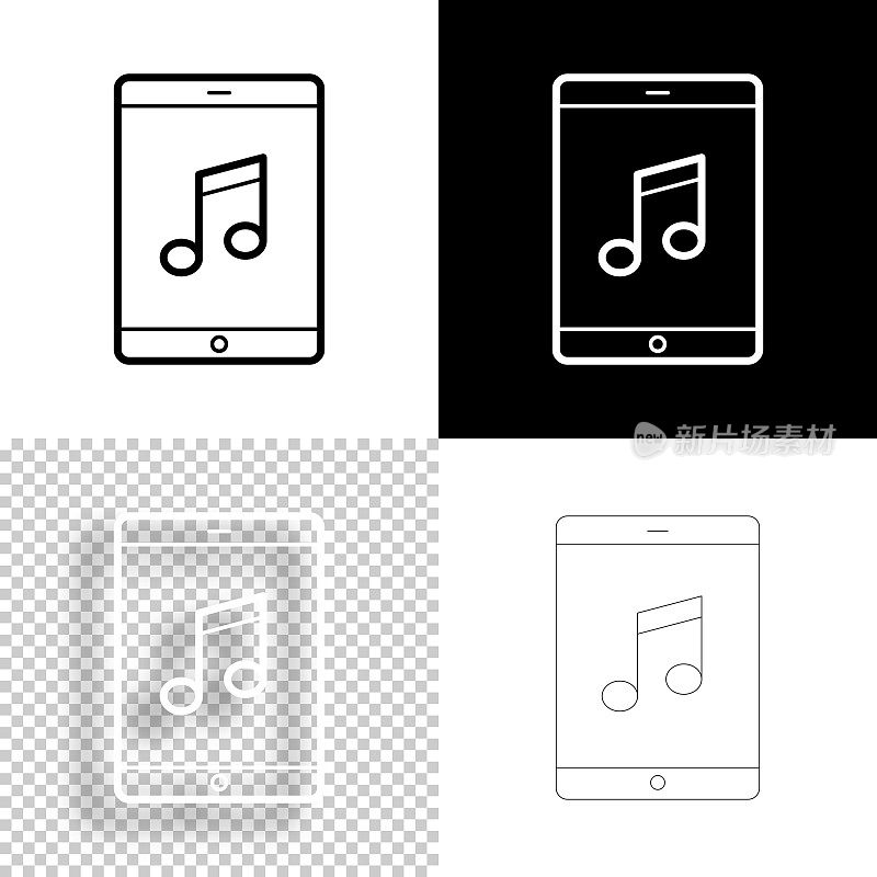 平板电脑上的音乐。图标设计。空白，白色和黑色背景-线图标