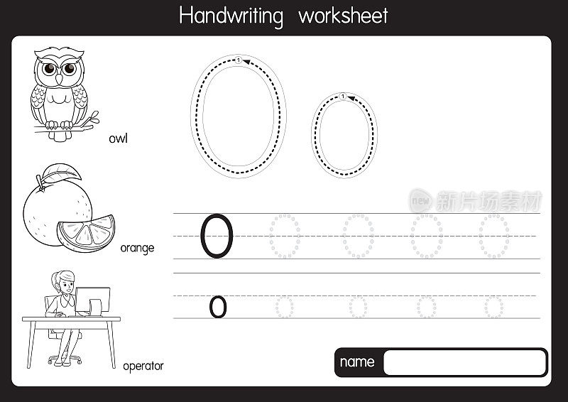 黑白矢量插图与字母O大写字母或大写字母的儿童学习练习ABC