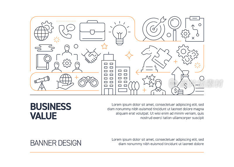 商业价值相关的矢量横幅设计概念，现代线条风格与图标