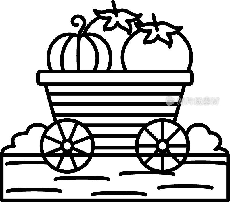 水果车轮车矢量线图标设计，农业和农业符号，村庄生活标志，农村和牲畜库存插图，水果和蔬菜在田间概念车