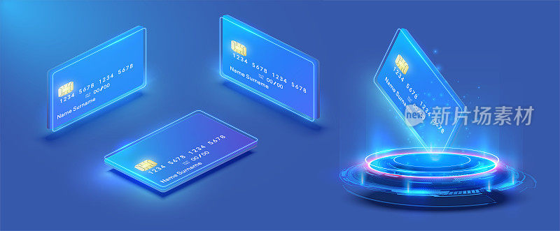 信用卡在不同的位置，侧，顶部在一个孤立的蓝色背景。未来主义的投影，蓝色空白信用卡的全息图。商业、金融的概念。信用卡等距集。