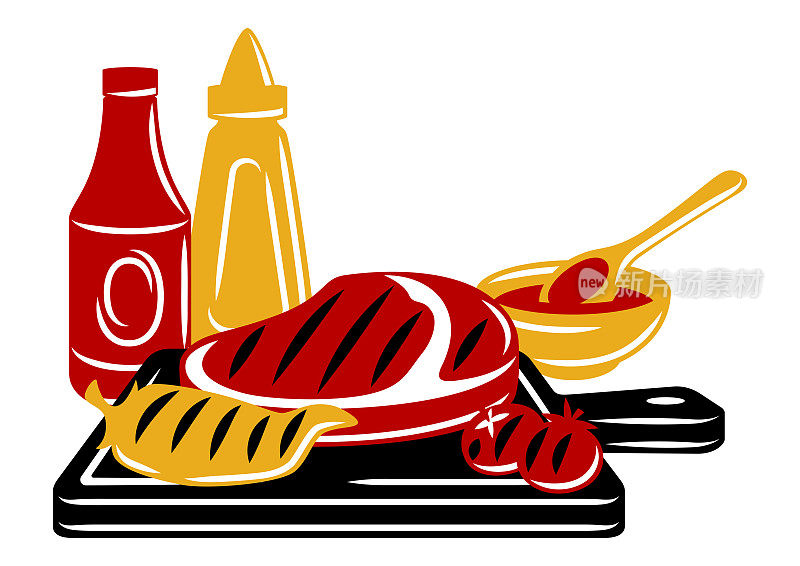 烧烤插图与烧烤对象和图标。程式化的厨房和餐厅项目。