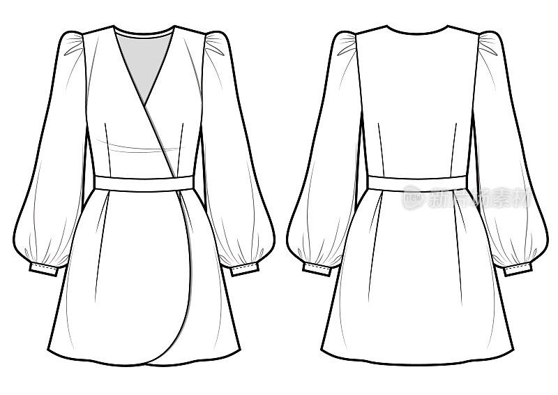 蓬松袖子的裹身裙矢量插图。