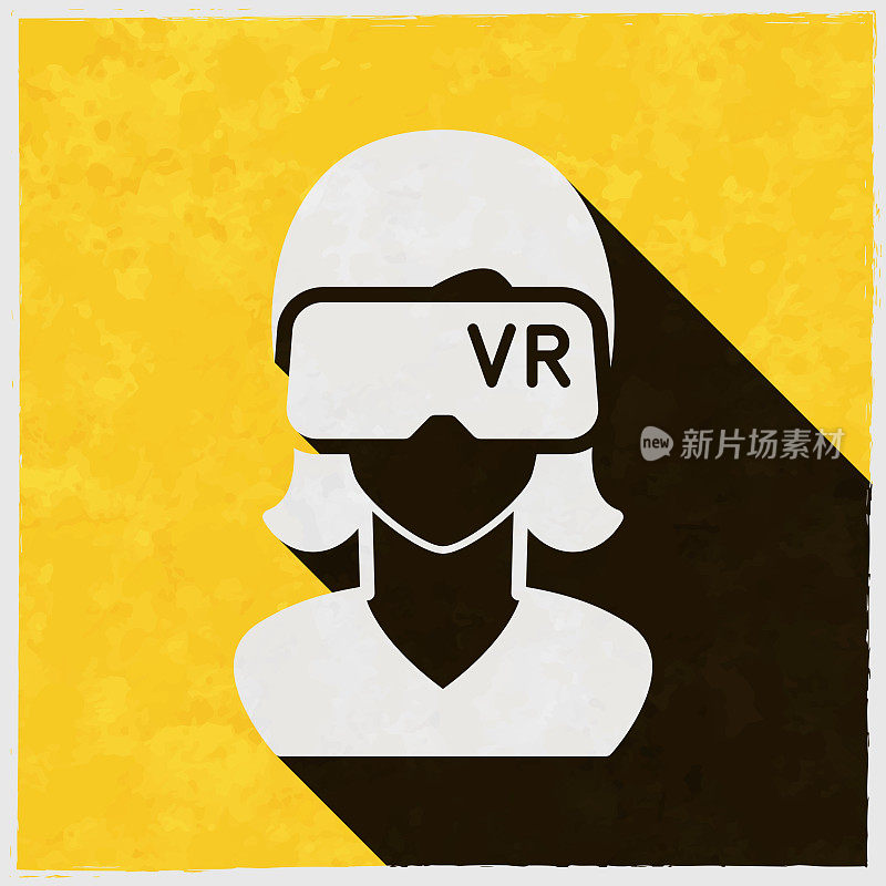 女人与VR头盔-虚拟现实。图标与长阴影的纹理黄色背景