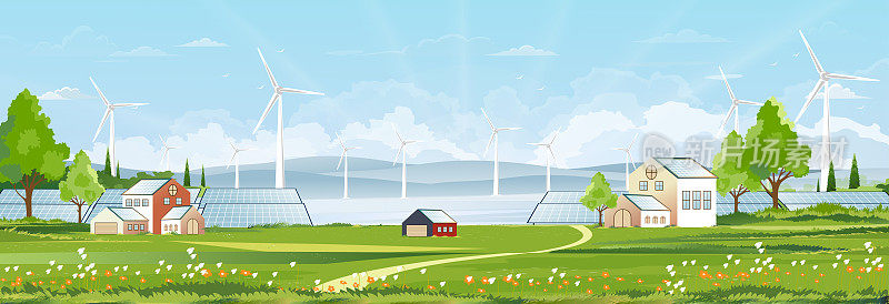 湖边的春天景观与绿色的田野，太阳能电池板风力涡轮机安装作为可再生电站能源的电力和电力供应，矢量自然农村河流蓝天白云