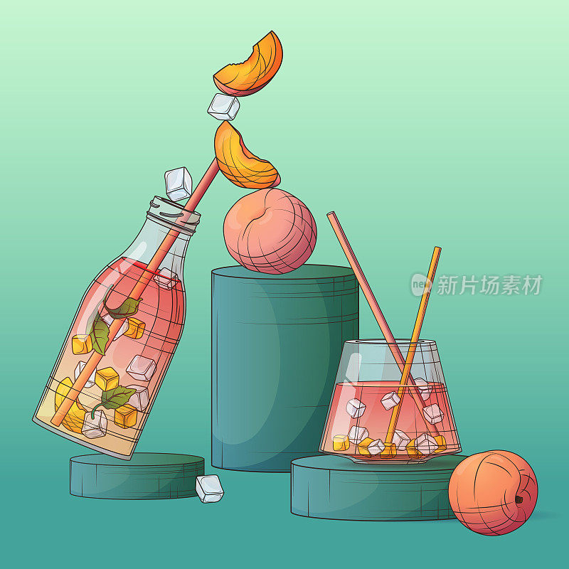 矢量插图瓶桃子汁，一杯果汁，桃子和冰。