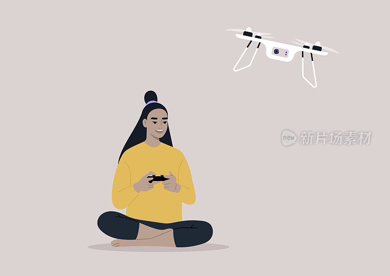 一个年轻的亚洲女性角色用遥控器操控无人机，新技术
