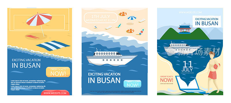 激动人心的假期釜山旅游旅游宣传海报集海滩和大海，夏季旅游
