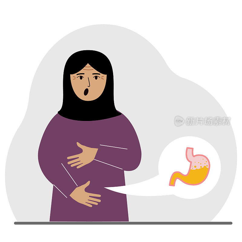 腹部疼痛的概念。阿拉伯女人用双手抱住他的肚子。胃部或消化系统有问题。