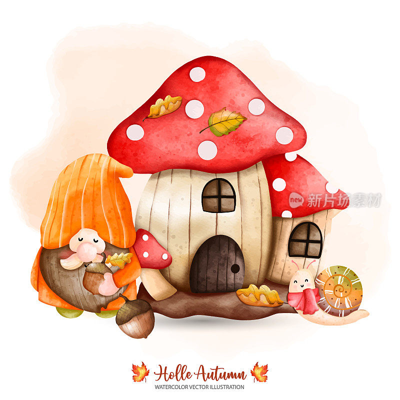 秋天地精与蘑菇的房子，秋天地精，秋天装饰，水彩矢量插图蘑菇