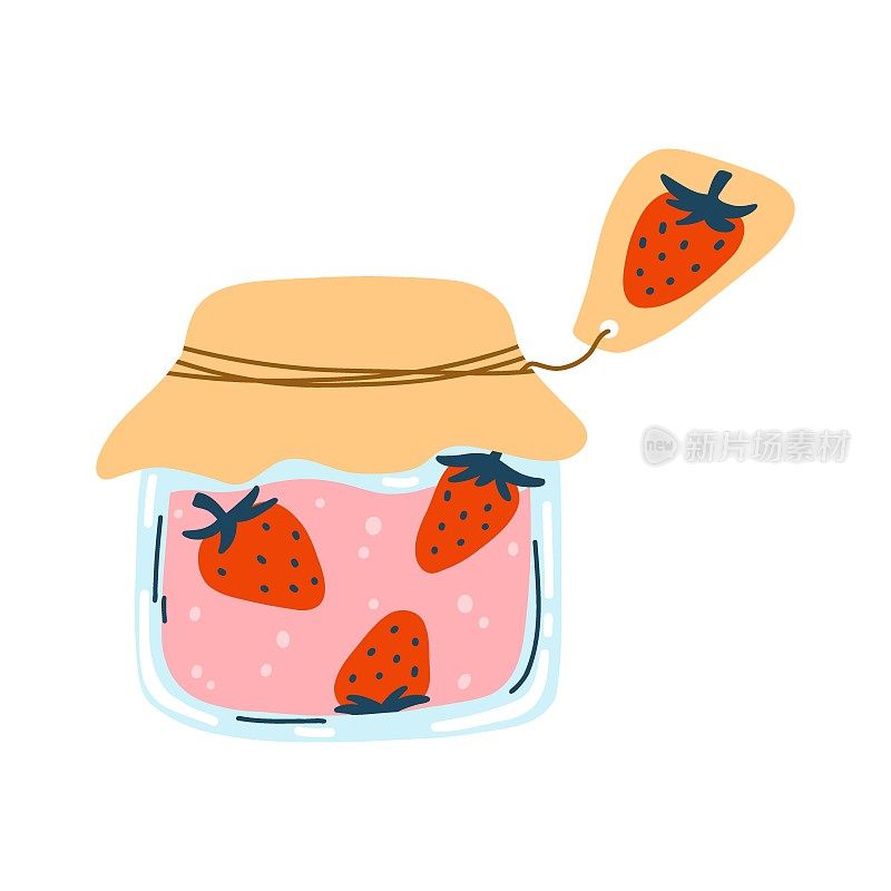 自制草莓酱，水果罐头卡通手绘平风格。矢量插图玻璃罐与腌制食品，蜜饯，橘子酱。秋收时节，将浆果和水果炖成汤汁。